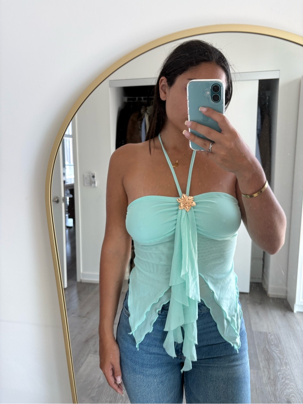 SHEIN Aqua Halter Camisole with Gold Floral Accent